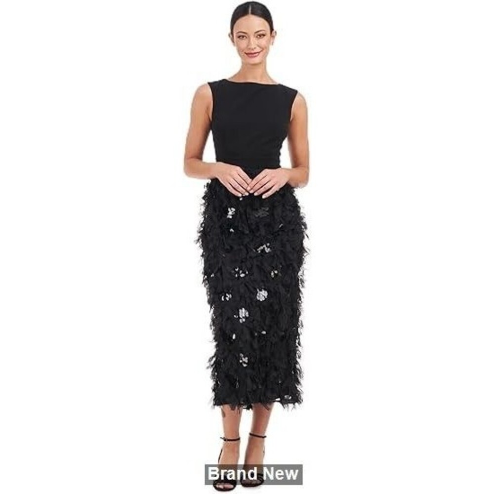 JS Collections Women's Brandi Ruffle Tea Length Dress, Black, Size 10
